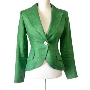 SMYTHE Duchess Blazer Grass Green Linen White Leather Elbow Patch Jacket Size 6